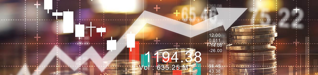 graphic image of coins and stock market arrows