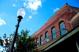 a main street with lamp post